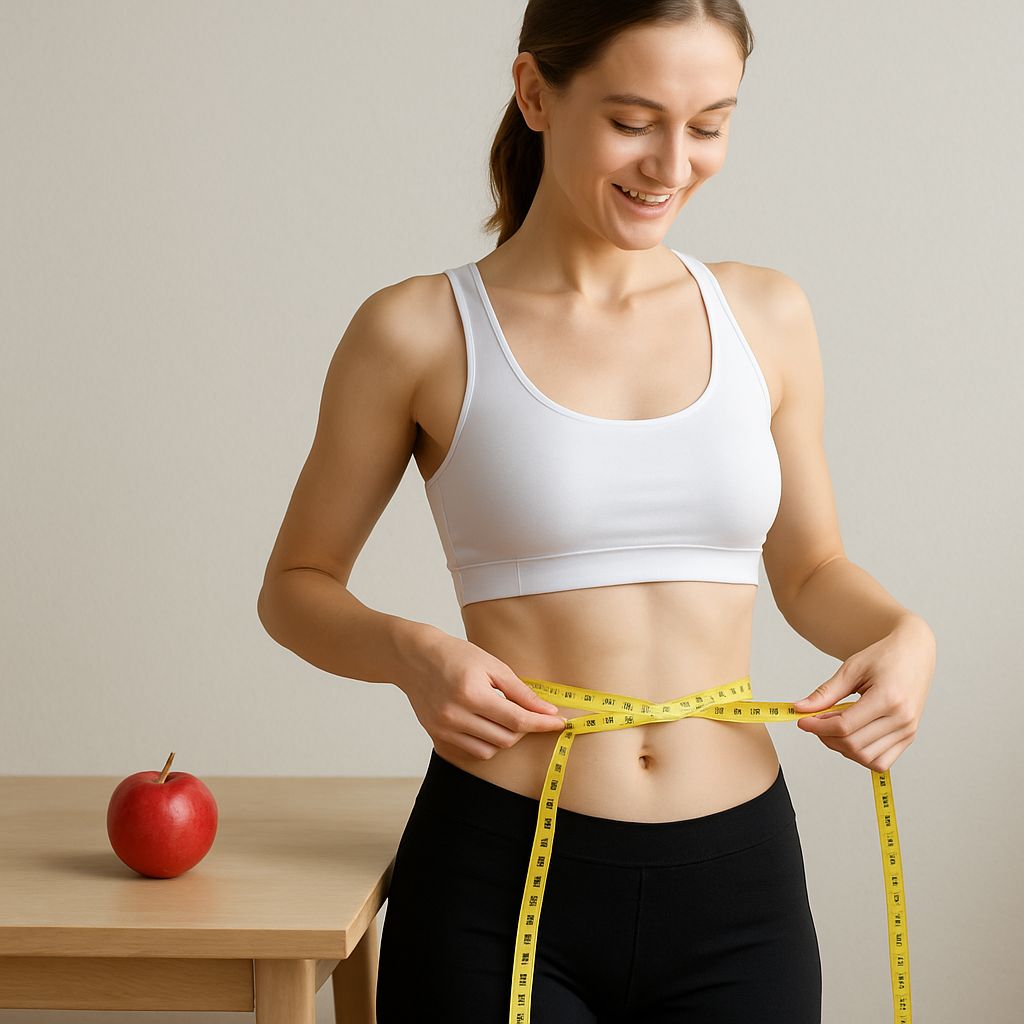 healthy woman measuring her waste