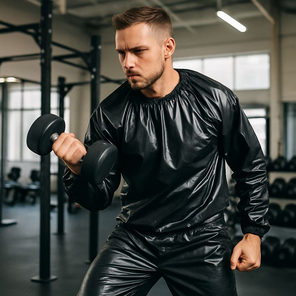 Man wearing a sauna suit working out in the gym