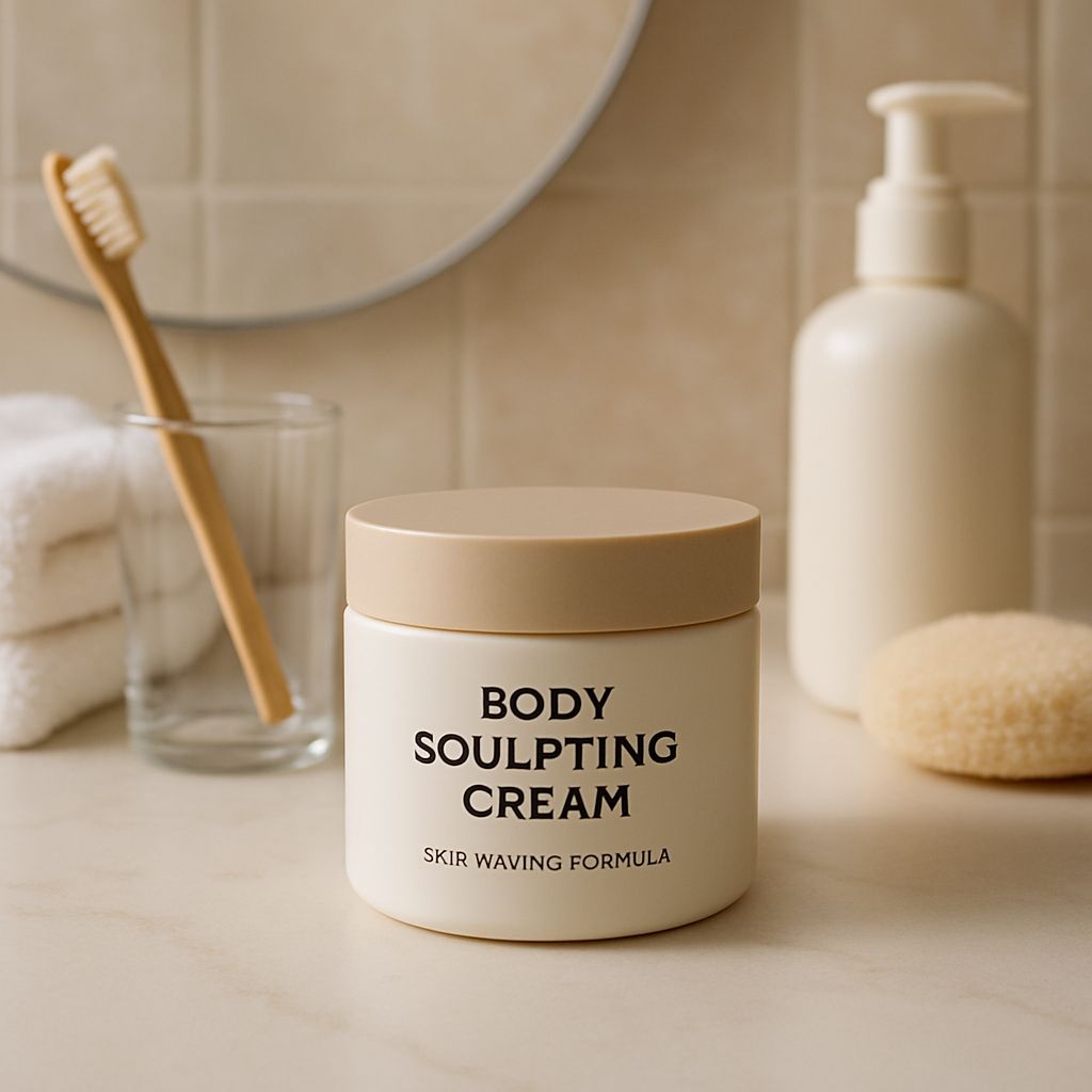 Bottle of body sculpting cream on counter top