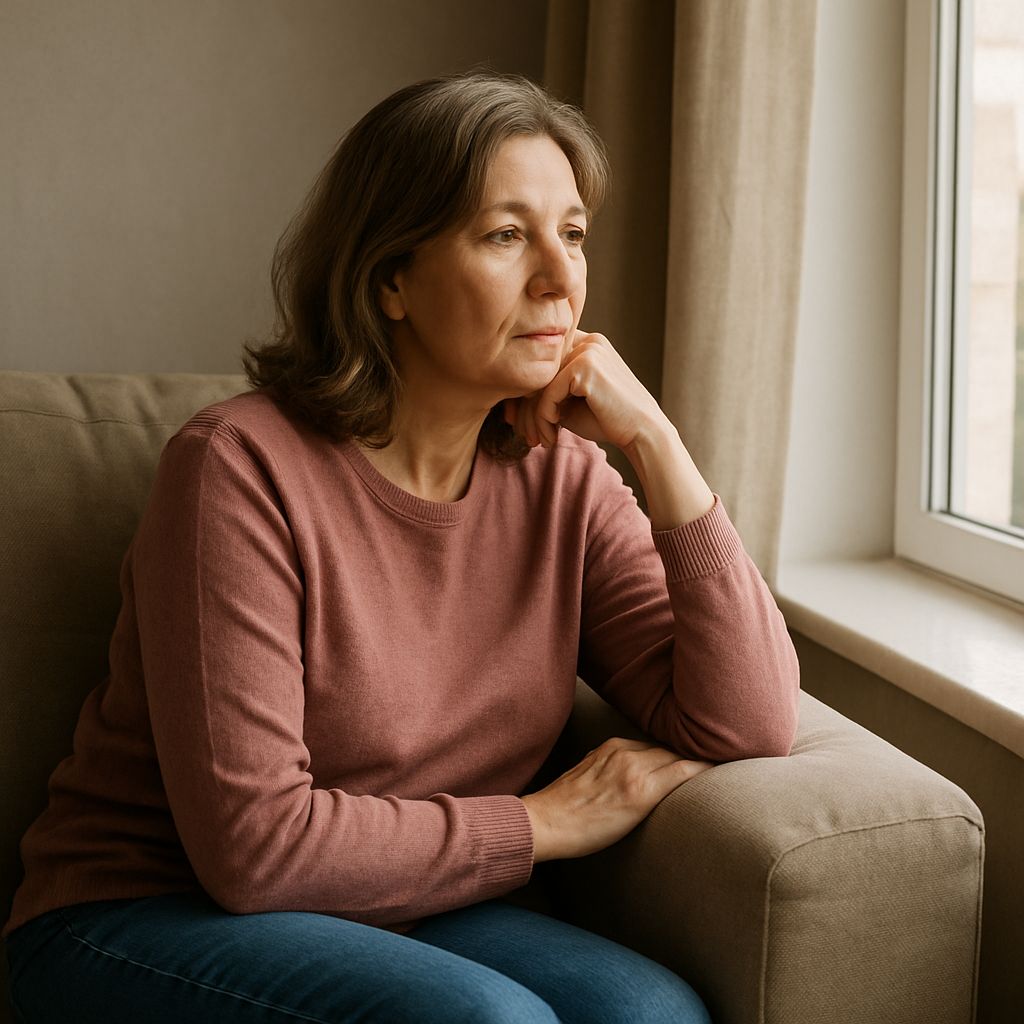 Woman sitting at home contemplating using Ozempic for GLP-1 weight loss