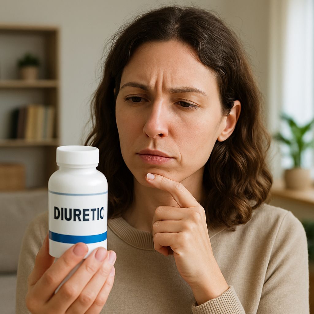 Woman looking at a bottle of diuretic pills