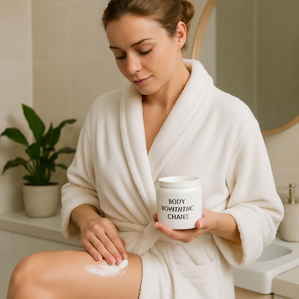 Woman in bathroom applying body sculpting cream