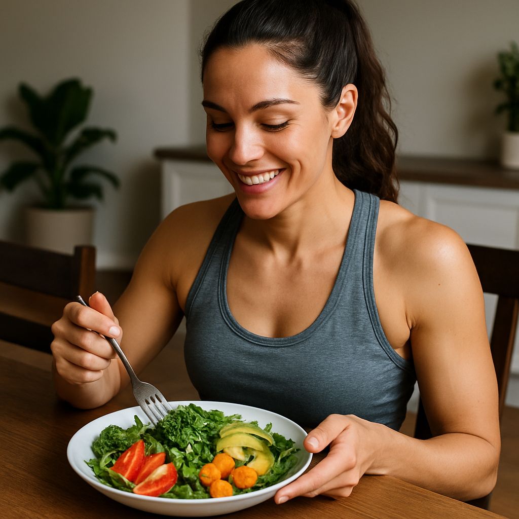 Woman eating a healthy salad for intermittent fasting