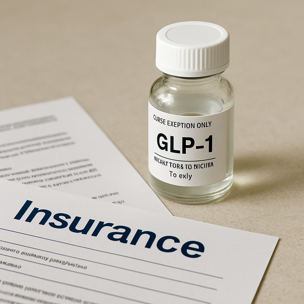 A bottle of GLP-1 medication sitting next to some health insurance papers